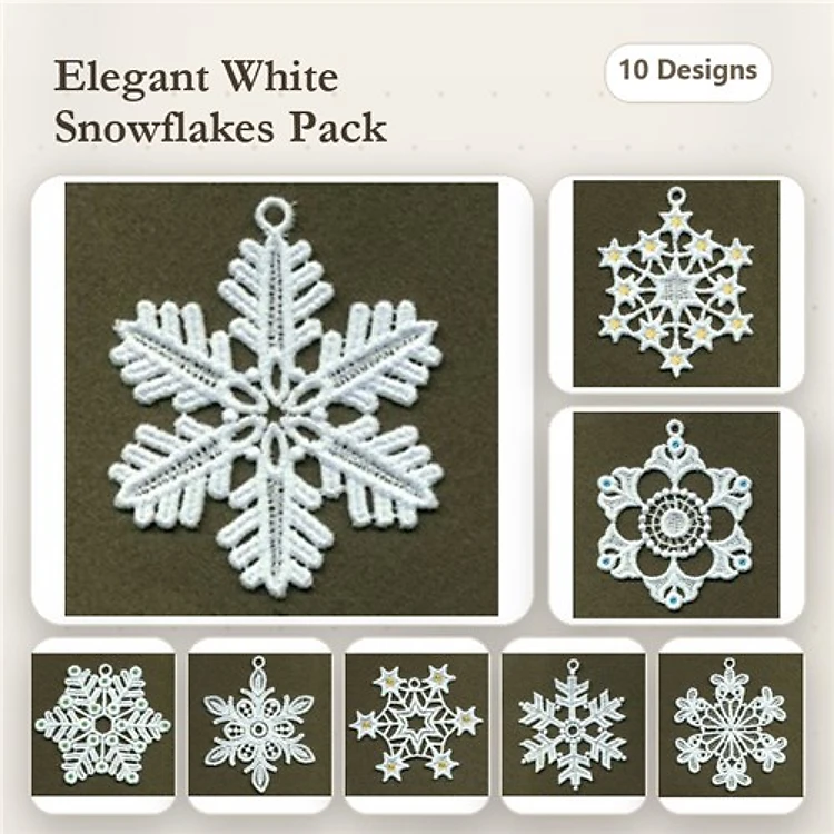 FSL Elegant White Snowflakes Embroidery Bundle – Lace Snowflake Ornament 1, Lace Snowflake Ornament 2 & More (10 Designs)