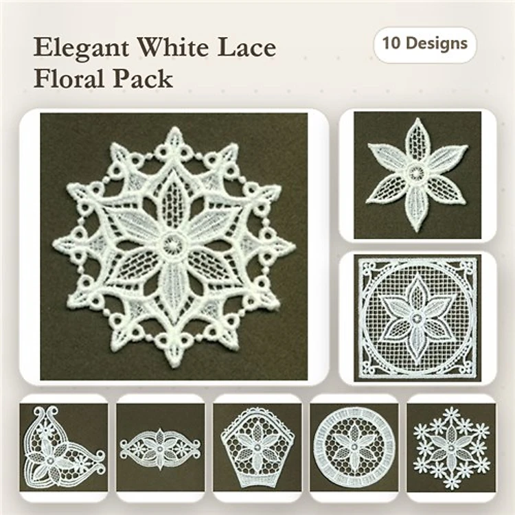 FSL Elegant Floral Lace Embroidery Bundle – Floral Lace Snowflake, Lace Flower, Star Flower Lace & More (10 Designs)