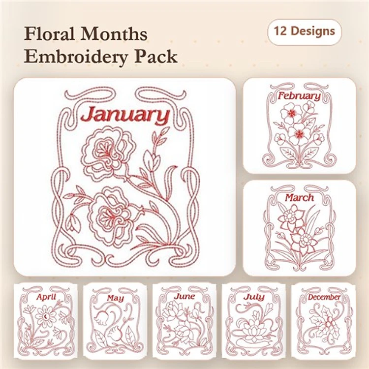 Redwork Floral Calendar Embroidery Bundle – January, February, March, April & More (12 Designs)