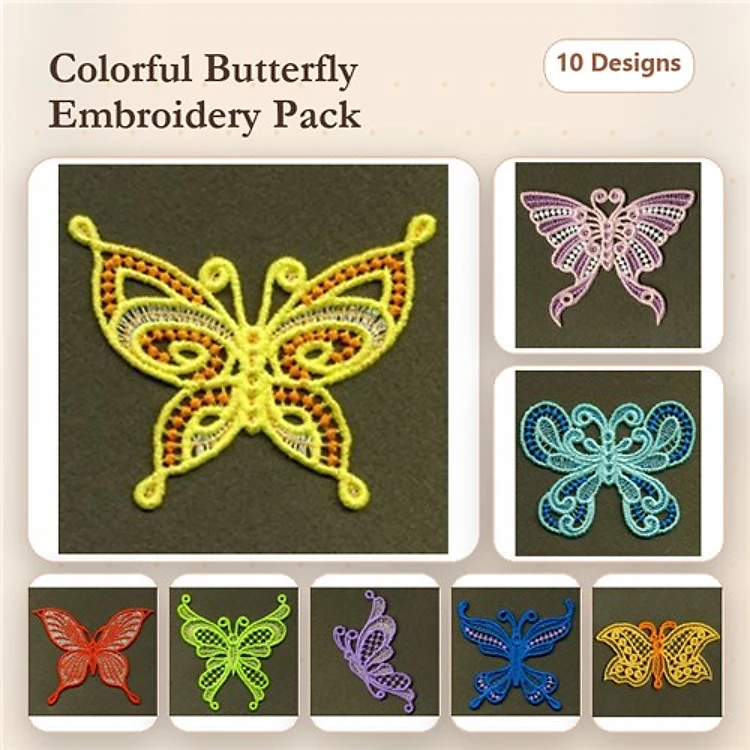 FSL Butterfly Embroidery Designs Bundle – Colorful Lace Butterflies & More (10 Designs)