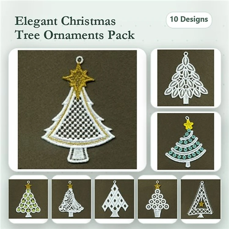 FSL Christmas Tree Ornament Embroidery Designs Bundle – Ornament with Star, Lace Tree Ornament, Chevron Tree Ornament & More (10 Designs)