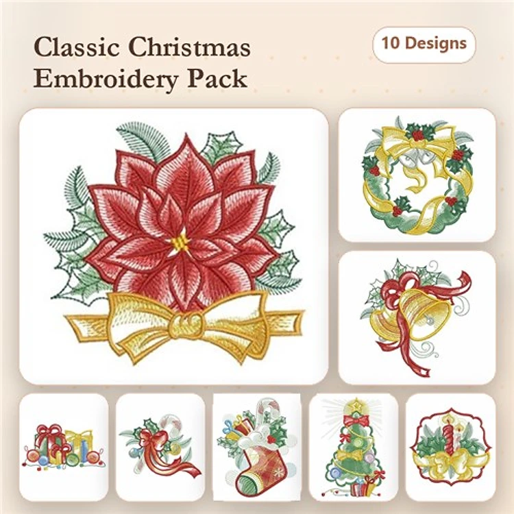 Classic Christmas Embroidery Designs Bundle – Poinsettia, Christmas Wreath, Christmas Bells & More (10 Designs)