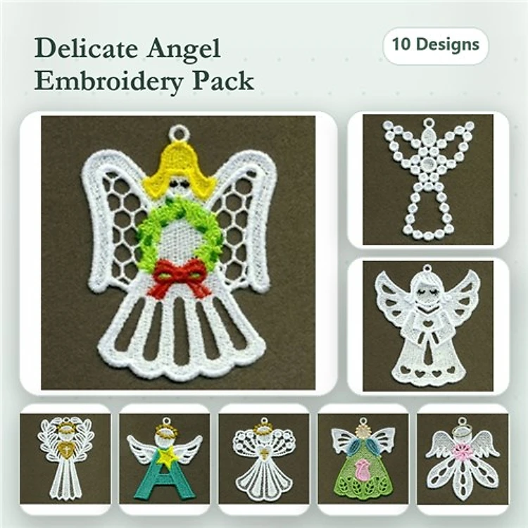 FSL Angel Embroidery Bundle – Ornament with Wreath, Lace Angel, Angel with Bow & More (10 Designs)