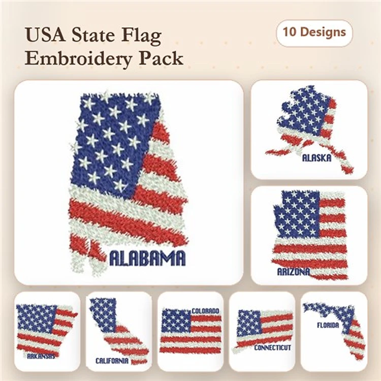 USA State Flag Embroidery Bundle – Alabama, Alaska, Arizona, California & More (10 Designs)