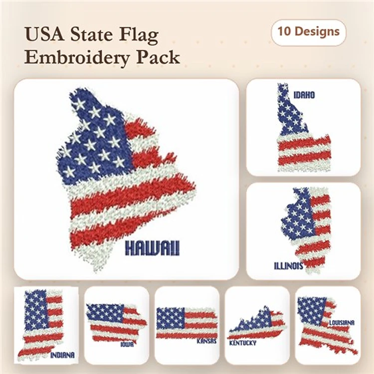 USA State Flags Embroidery Designs Bundle – Maine, Hawaii, Idaho, Illinois & More (10 Designs)