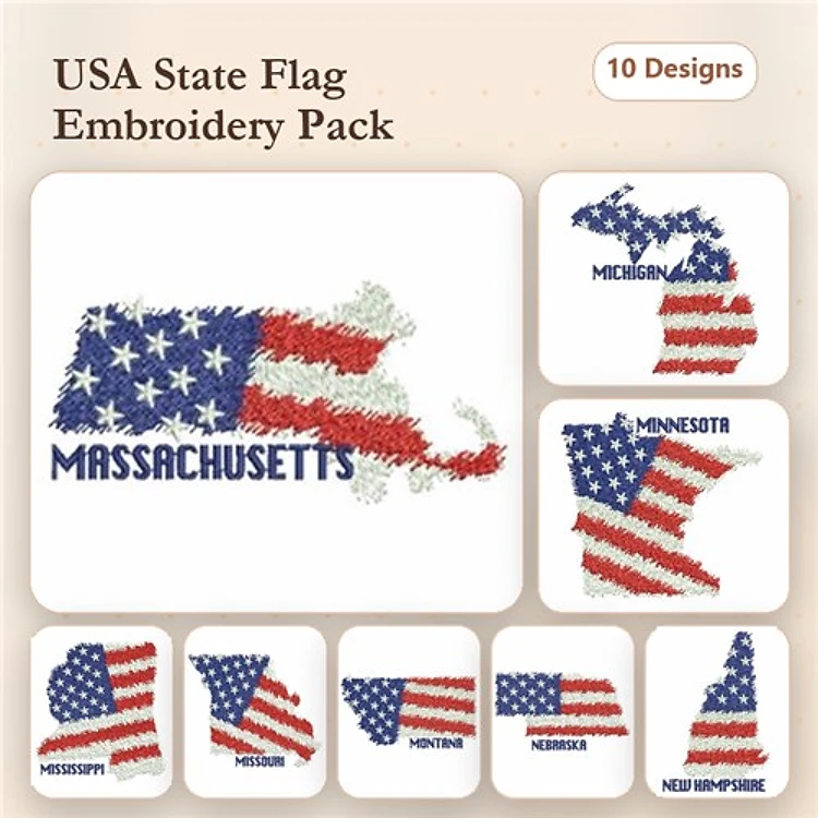 USA State Flags Embroidery Bundle – Massachusetts, Minnesota, Nebraska & More (10 Designs)