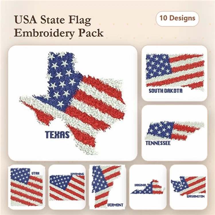 USA State Flags Embroidery Designs Bundle – Texas, South Dakota, Tennessee & More (10 Designs)