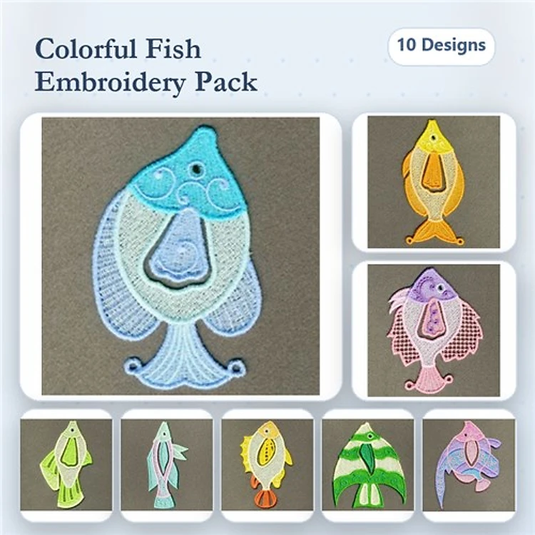 FSL Colorful Fish Embroidery Bundle – Blue Fish, Pink Fish, Green Striped Fish & More (10 Designs)