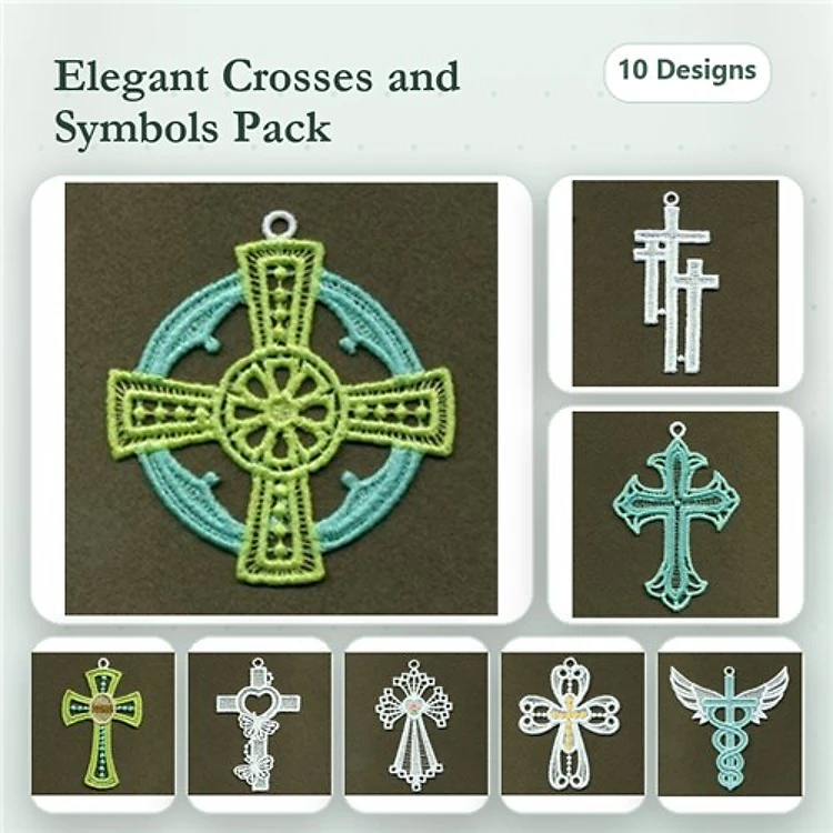 FSL Crosses & Religious Symbols Embroidery Designs Bundle – Decorative Cross, Lace Cross, Ornate Cross & More (10 Designs)