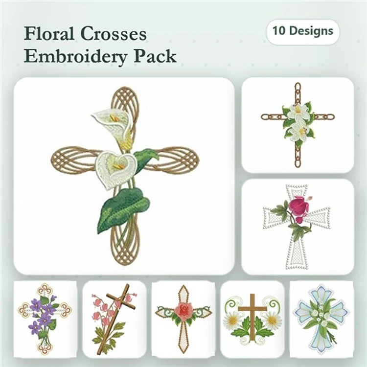 Floral Cross Embroidery Designs Bundle – Calla Lilies, Roses, Greenery & More (10 Designs)