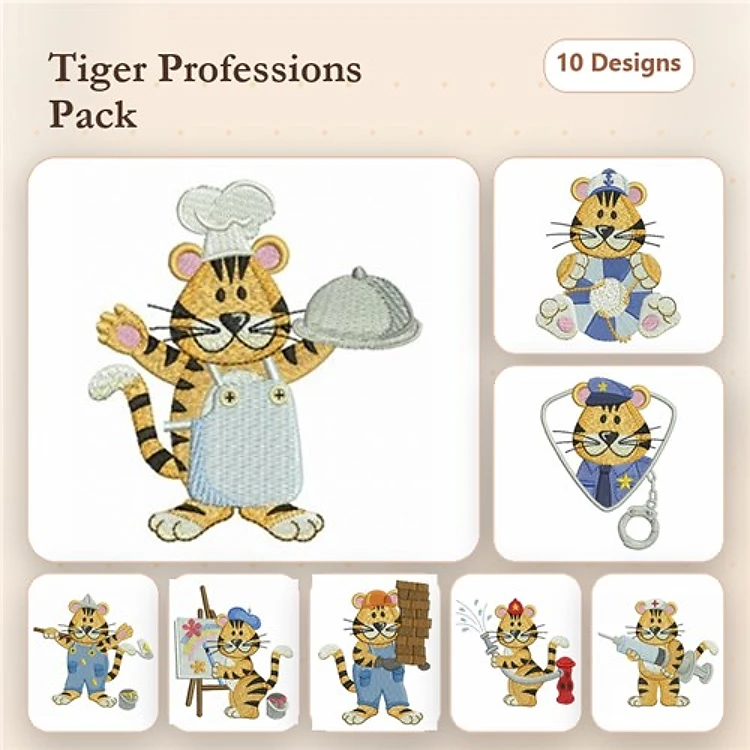 Wild Tiger Professions Embroidery Bundle – Chef Tiger, Policeman Tiger, Firefighter Tiger & More (10 Designs)