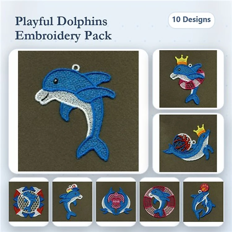 FSL Playful Dolphin Embroidery Designs Bundle – Dolphin with Crown, Dolphin Jumping & More (10 Designs)