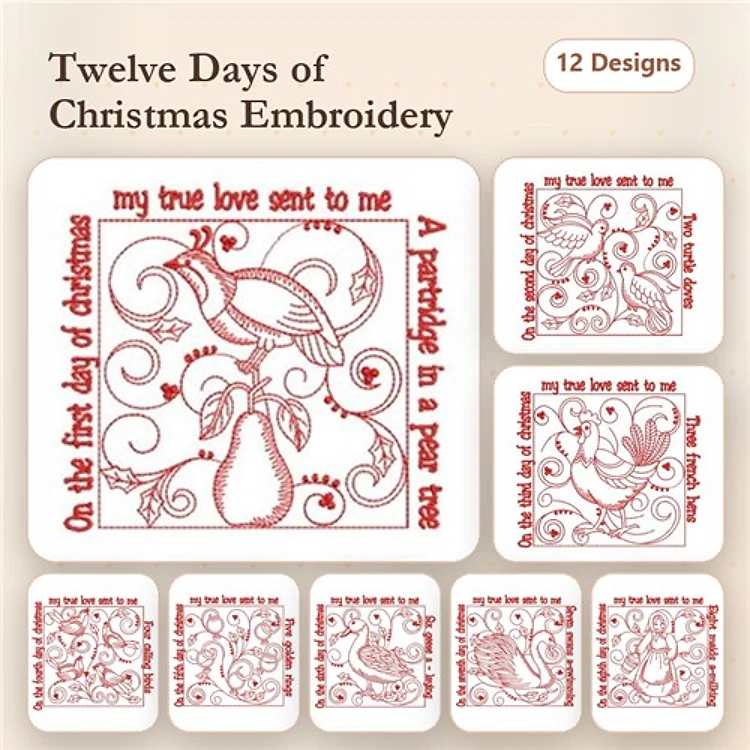 Redwork Twelve Days of Christmas Embroidery Designs Bundle – On the First Day, On the Second Day, & More (12 Designs)