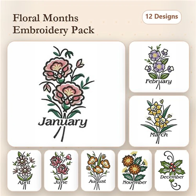 Floral Monthly Embroidery Designs Bundle – January to December (12 Designs)