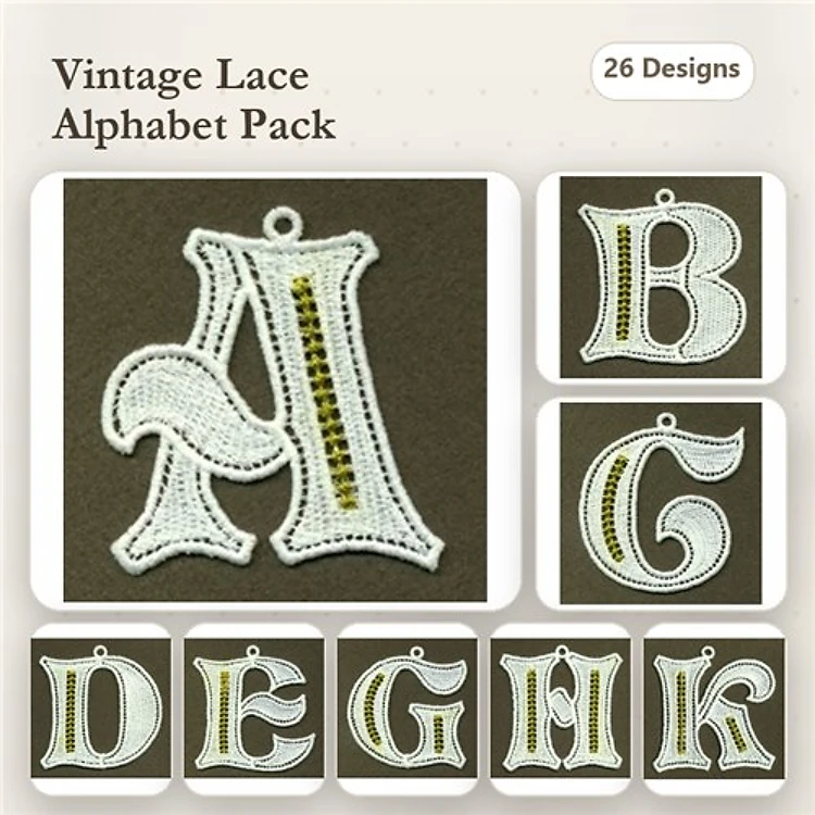 FSL Vintage Lace Alphabet Embroidery Bundle – Lace Letter A, B, G, D, E, K & More (26 Designs)