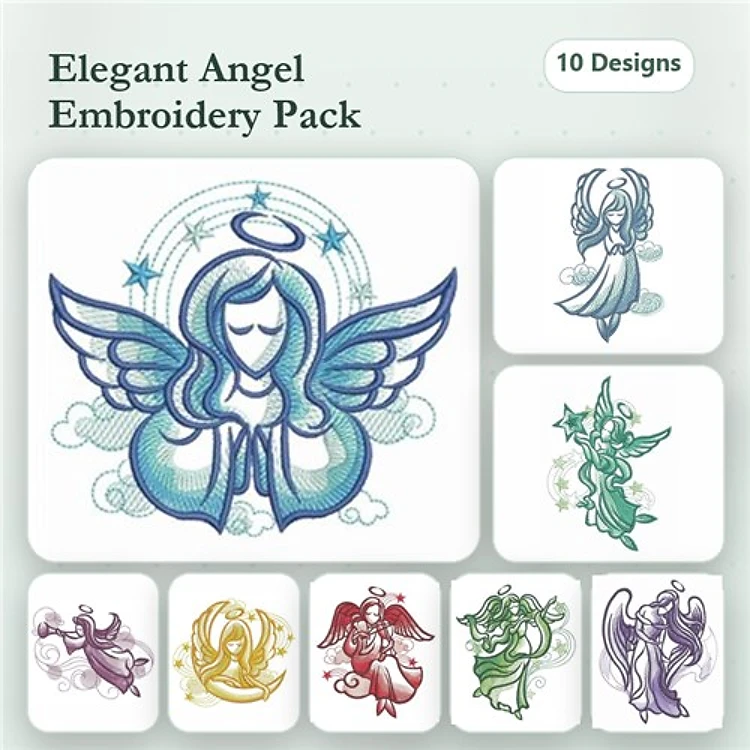 Elegant Angels Embroidery Designs Bundle – Featuring Angel with Wings, Angel Praying, Colored Angel Design & More (10 Designs)