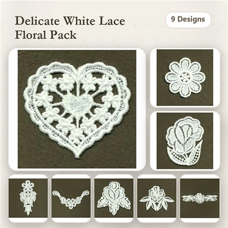 FSL Floral Embroidery Bundle – Lace Heart with Bird, Lace Rose, Ornamental Lace Design & More (9 Designs)