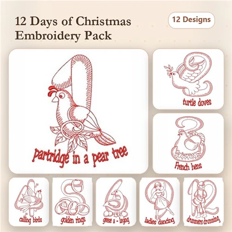 Redwork 12 Days of Christmas Embroidery Designs Bundle – Partridge in a Pear Tree, Two Turtle Doves, Golden Rings & More (12 Designs)