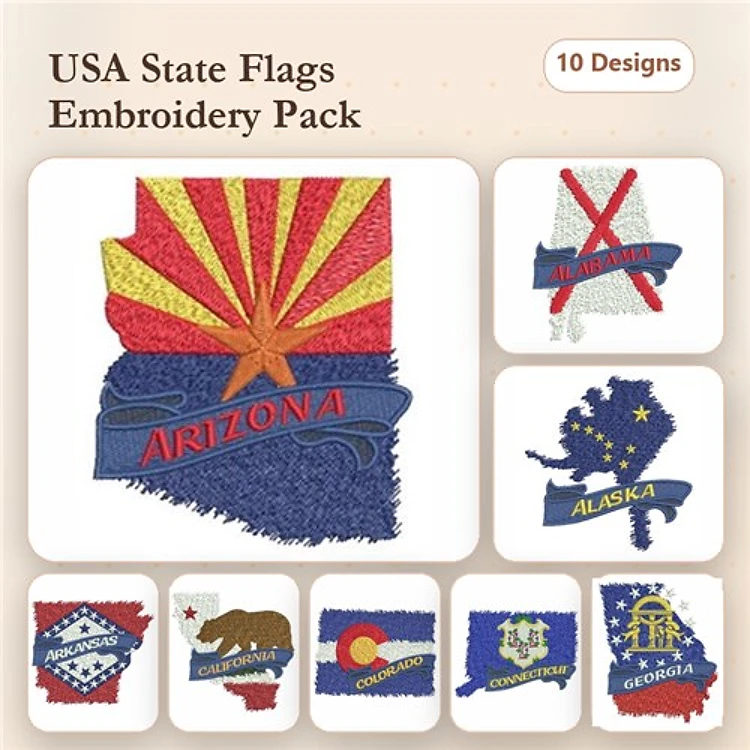 USA State Flags Embroidery Designs Bundle – Arizona, California, Alaska & More (10 Designs)