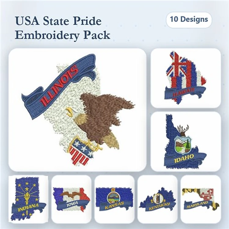 USA State Pride Embroidery Designs Bundle – Illinois State Eagle, Idaho State Seal, & State Outlines (10 Designs)