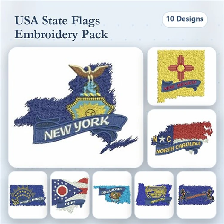USA State Flags Embroidery Designs Bundle – New York, North Carolina, Ohio & More (10 Designs)