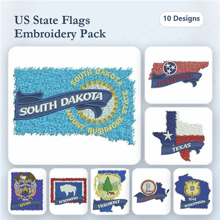 US State Flags Embroidery Bundle – South Dakota, Texas, Tennessee & More (10 Designs)