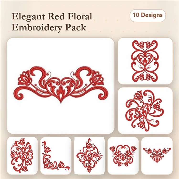 Redwork Elegant Floral Embroidery Bundle – Floral Heart Border, Ornate Flourish, Decorative Floral Corner & More (10 Designs)