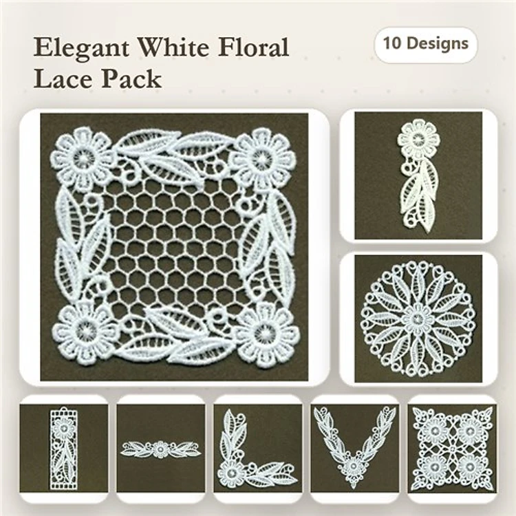 FSL Elegant Floral Lace Embroidery Bundle – Floral Lace Square, Lace Leaf, Lace Flower & More (10 Designs)