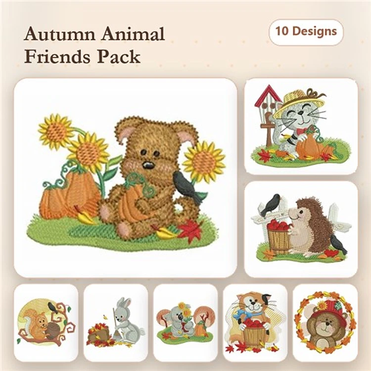 Autumn Animals Embroidery Designs Bundle – Teddy Bear, Cat, Hedgehog, Squirrel & More (10 Designs)