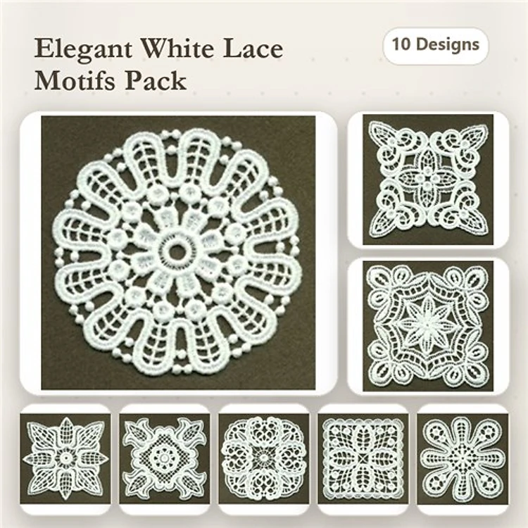FSL Elegant Lace Embellishments Embroidery Designs Bundle – Floral Motif, Geometric Doodle, Star Medallion & More (10 Designs)