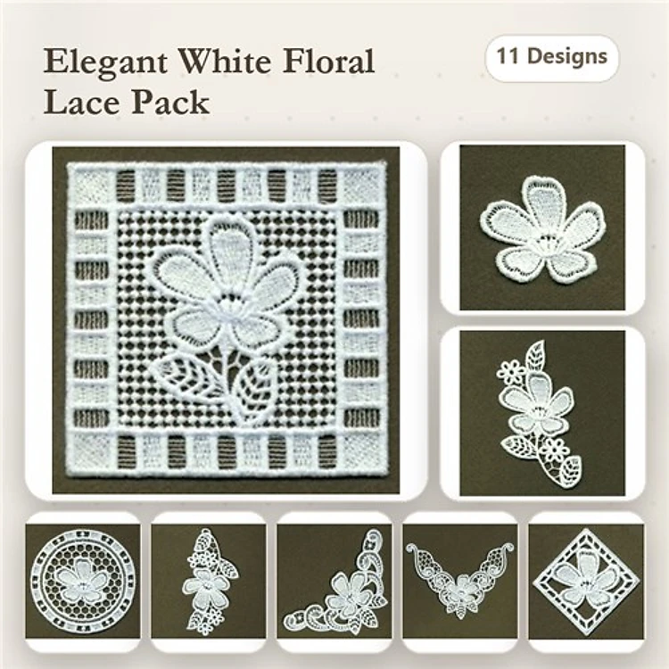 FSL Floral Lace Embroidery Bundle – Floral Lace Square, Lace Floral Motif, Ornate Lace Circle & More (11 Designs)