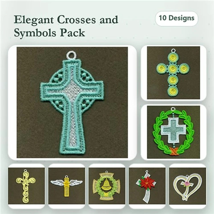 FSL Religious Symbols Embroidery Designs Bundle – Lace Cross, Floral Cross, Dragonfly Ornament & More (10 Designs)