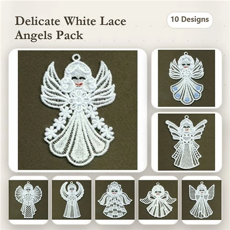 FSL Delicate Lace Angels Embroidery Bundle – Angel Ornament, Lace Angel with Halo, & More (10 Designs)
