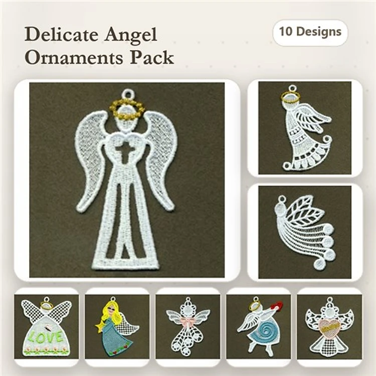 FSL Delicate Angel Ornaments Embroidery Bundle – Angel with Cross, Winged Angel, Singing Angel & More (10 Designs)