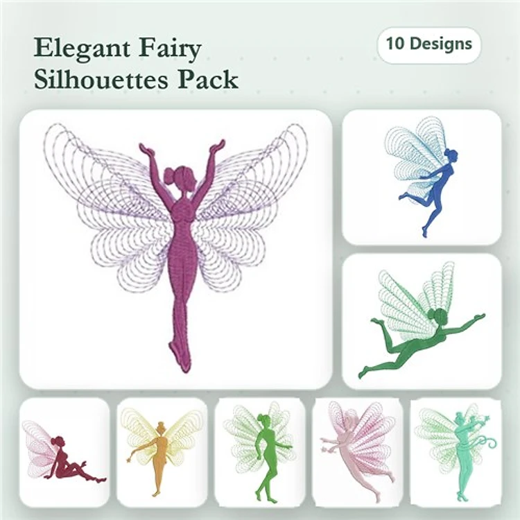 Rippled Elegant Fairy Silhouettes Embroidery Designs Bundle – Fairy with Wings, Dancing Fairy, & More (10 Designs)