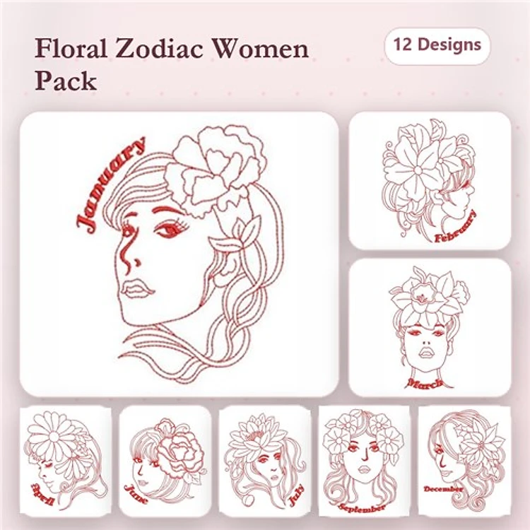 Redwork Floral Zodiac Women Embroidery Designs Bundle – January Woman, February Woman, March Woman & More (12 Designs)