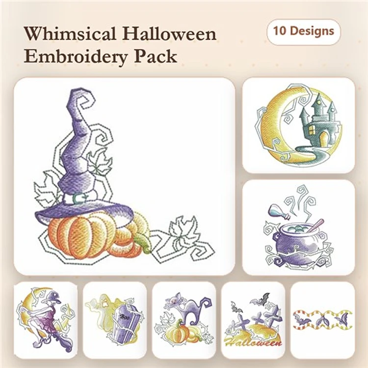 Halloween Embroidery Designs Bundle – Witch Hat, Haunted House, Pumpkin & More (10 Designs)