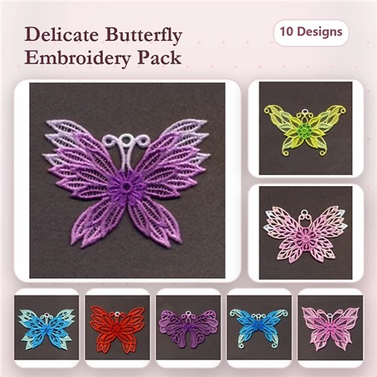 FSL Butterfly Embroidery Bundle – Delicate Butterfly with Detailed Wings, Curved Wings, Open Wings & More (10 Designs)