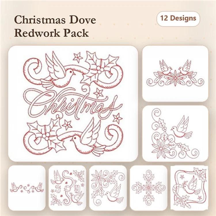 Redwork Christmas Doves Embroidery Designs Bundle – Dove with Holly, Floral Ornament with Dove, Dove and Holly Wreath & More (12 Designs)