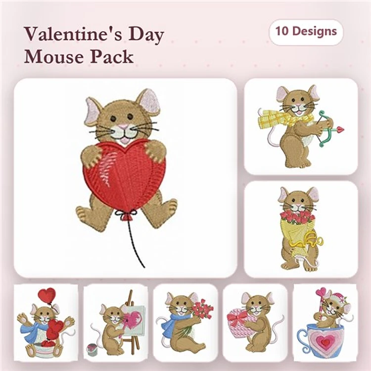 Valentine's Day Mice Embroidery Designs Bundle – Mouse with Heart Balloon, Mouse Holding Flower & More (10 Designs)