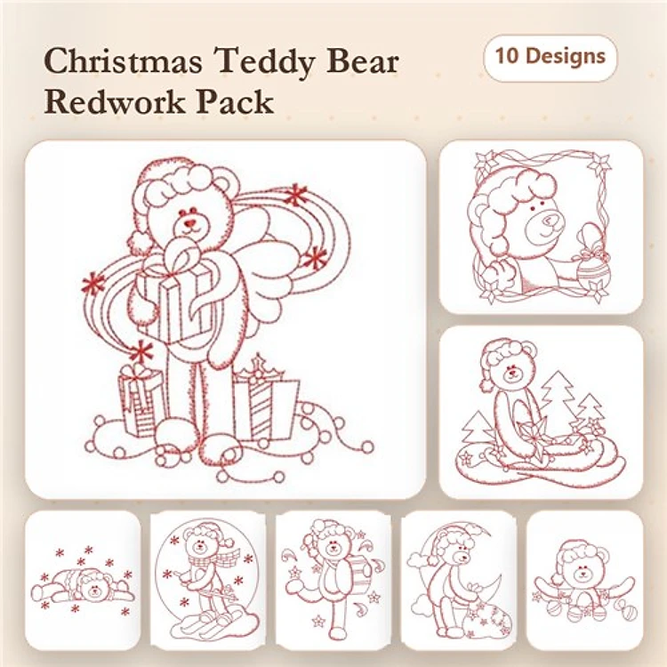 Redwork Christmas Teddy Bears Embroidery Bundle – Teddy Bear with Gift, Teddy Bear Sledding, & More (10 Designs)