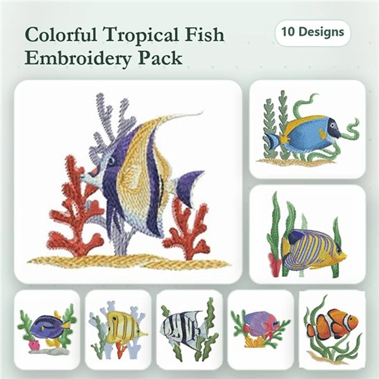 Colorful Tropical Fish Embroidery Designs Bundle – Yellow Tang, Clownfish, Angelfish, Grouper & More (10 Designs)