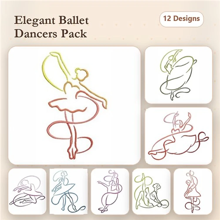 Redwork Elegant Ballet Dancers Embroidery Designs Bundle – Dancer in Pose, Ballet Dancer with Ribbon & More (12 Designs)