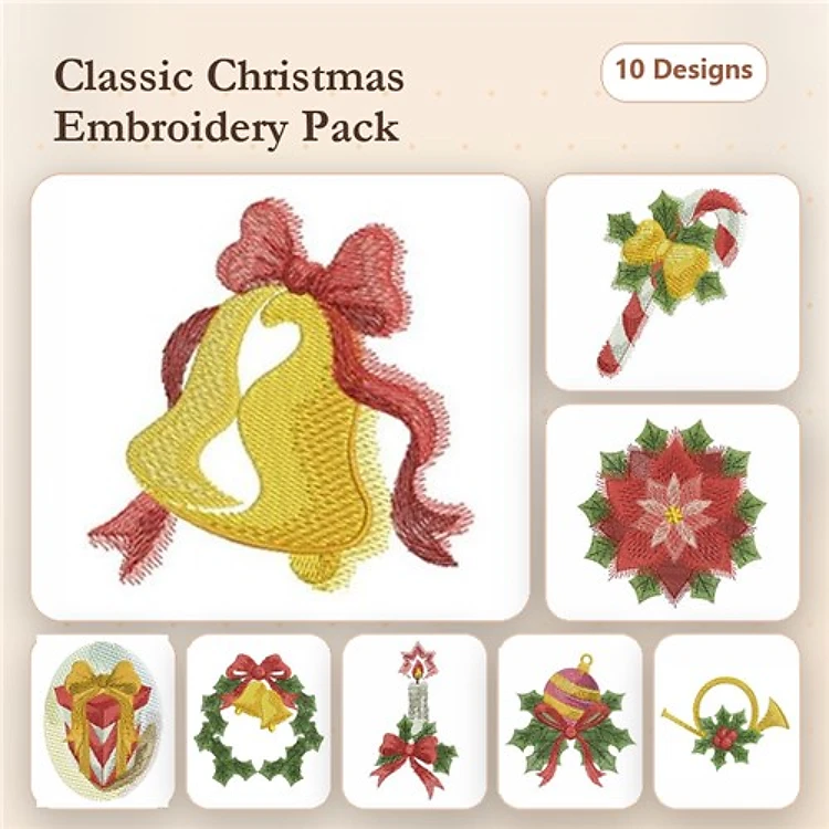 Christmas Charm Embroidery Bundle – Christmas Bells, Candy Cane Decoration, Holly Berries & More (10 Designs)