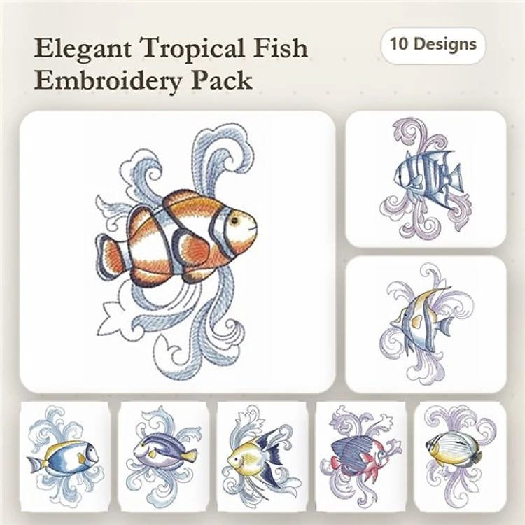 Tropical Fish Embroidery Designs Bundle – Clownfish, Blue Tang, Lionfish & More (10 Designs)