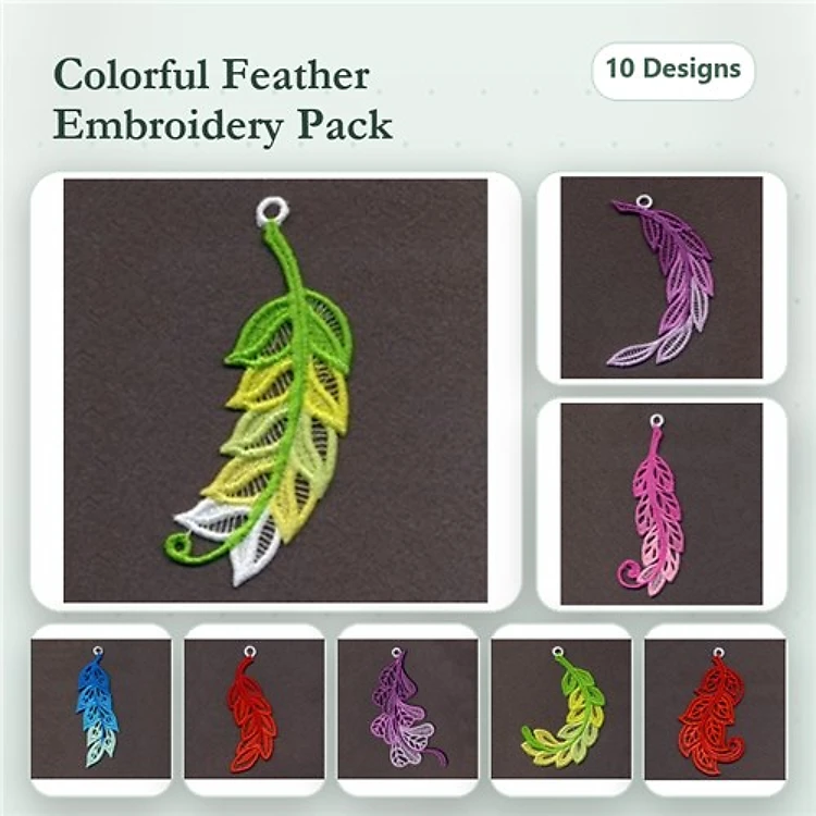 FSL Colorful Feather Embroidery Bundle – Green, Purple, Blue, Pink & More (10 Designs)