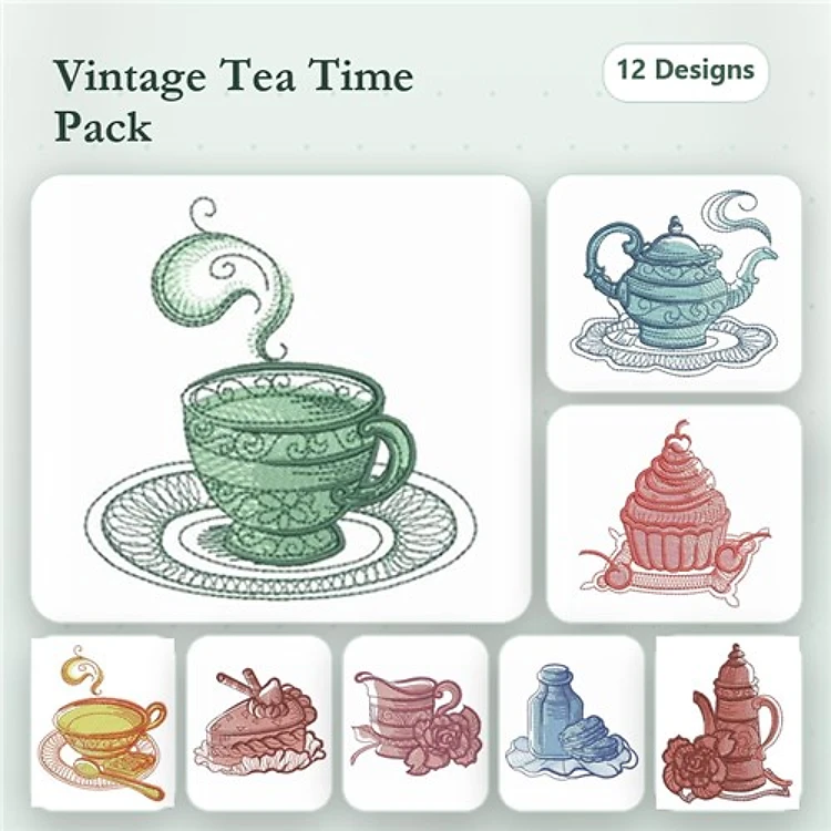 Vintage Tea Embroidery Designs Bundle – Teacup with Steam, Teapot, Cupcake & More (12 Designs)