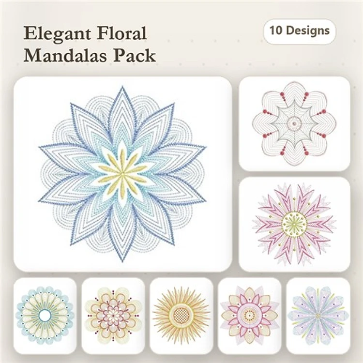 Rippled Floral Mandalas Embroidery Designs Bundle – Multi-Petal, Radiant, Soft Blue Mandalas & More (10 Designs)