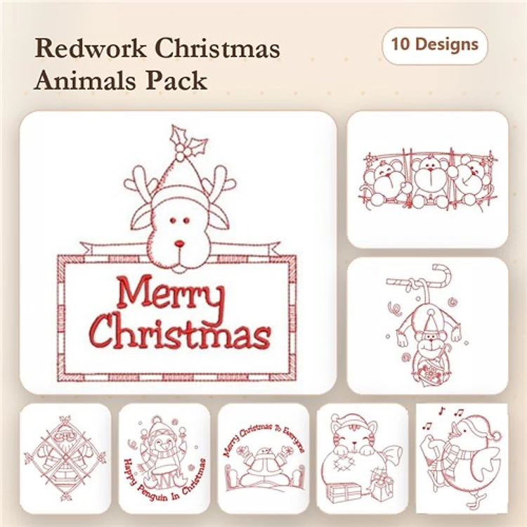Redwork Christmas Animals Embroidery Bundle – Reindeer, Christmas Bear, Santa & More (10 Designs)