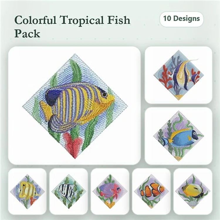 Colorful Tropical Fish Embroidery Designs Bundle – Blue Tang Fish, Clownfish, Lionfish & More (10 Designs)